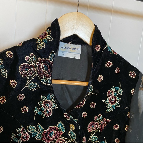 Vintage Jessica Scott Sheer Mesh Velvet Button Top Floral Flowers Black Jacket - Picture 3 of 12